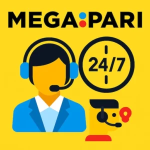 Megapari official logo with 24/7 customer support icons and colorful background